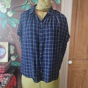 Madewell Windowpane Drapey Button Front Top Style H3846 Navy Plaid Women’s S